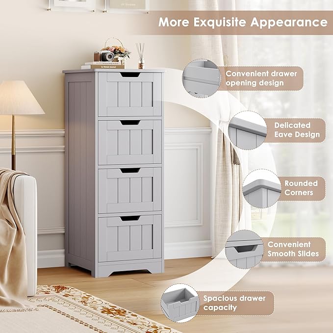 FOTOSOK Bathroom Storage Cabinet, Bathroom Cabinet with 4 Drawers, 11.8” x 11.8” x 32.5” Freestanding Entryway Cupboard Storage Organizer Unit Home Furniture Decor, Grey
