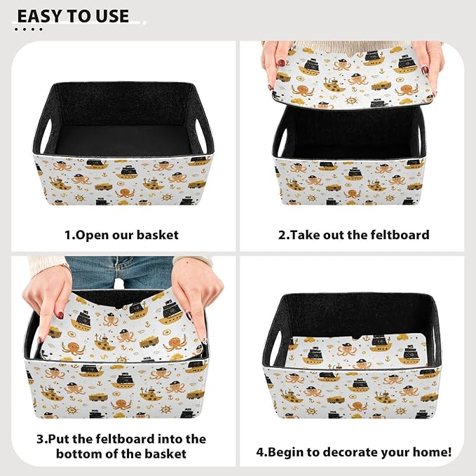 Closet Storage Bins 2 Pcs Felt Open Home Storage Containers Organizer with Handles Collapsible Shelf Basket for Home Office Craft Room Classroom Fabric Gold Pirate Octopuses Sailbat