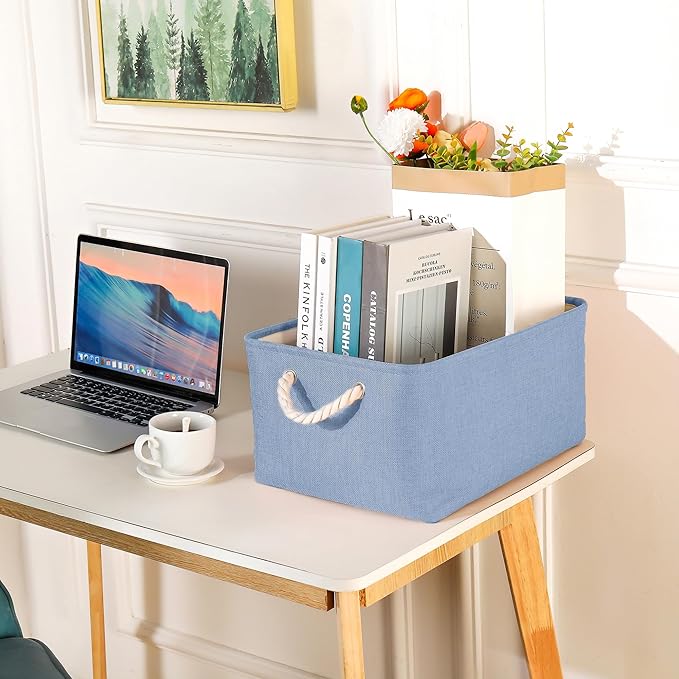 Storage Bins with Sturdy Cotton Handles(3 Pack), Fabric Storage Baskets for Organizing use for Office & Home, Book, Clothes, Toys, Closet Boxes (Medium, Blue, 14.2x10.2x7.1 inches)