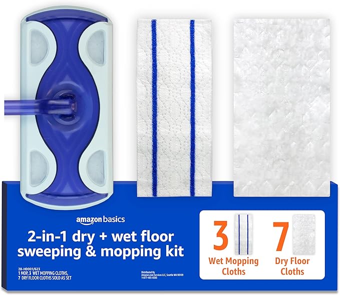 Amazon Basics Wet & Dry Sweeper Kit, 1 Sweeper Handle, 7 Heavy Duty Dry Floor Cloths, 3 Wet Floor Cloths, Pack of 1