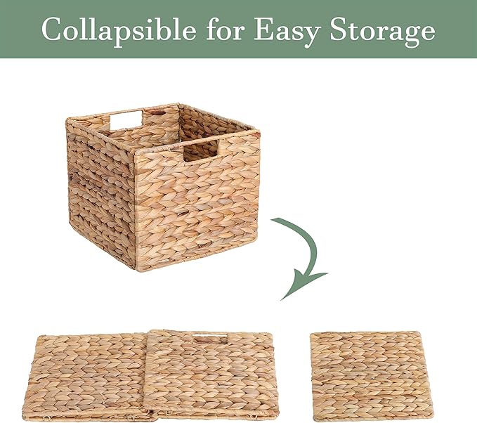 12x12x10 Water Hyacinth Storage Basket Large, Folding Cube Woven Wicker Storage Basket for Shelves, Pantry Baskets Organization and Storage, Large Rattan Basket Set of 4