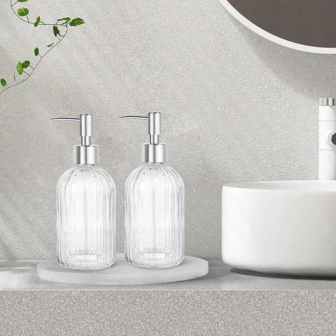 2 Pack Stripe Glass Soap Dispenser with Silver Plastic Pump, 400ml Liquid Hand Soap Dispenser, Rustproof Pump for Kitchen & Bathroom, Great for Lotions, Essential Oil, Liquid Soaps- (Transparent)