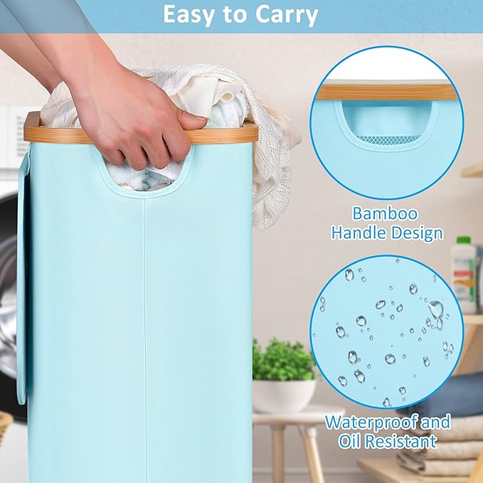 efluky Laundry Basket with Wheels, Tall Rolling Laundry Hamper with Lid and Removable Bag, Aesthetic Dirty Clothes Hamper on Wheels for Laundry Room, Bedroom, Dorm and Bathroom, 75L Glacier Blue