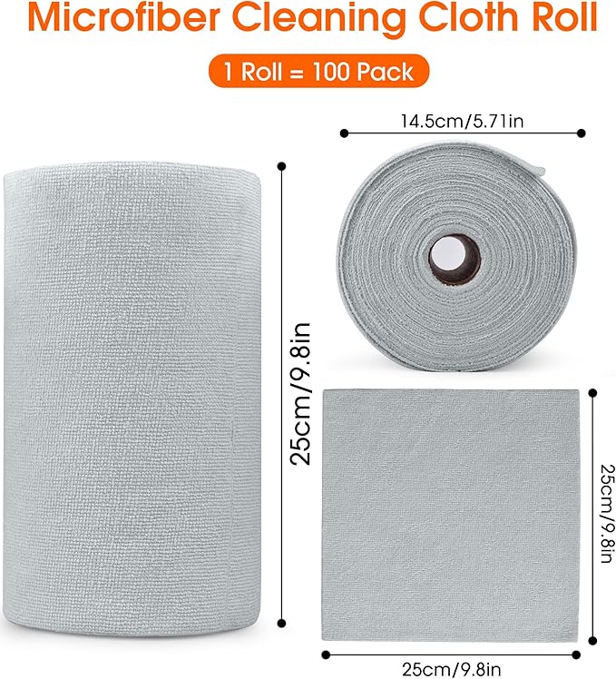 Microfiber Cleaning Cloth Roll - 100 Pack Tear Away Microfiber Paper Towels, Reusable, Washable, Scratch-Free, Kitchen Towels for Car, Home, Kitchen, Glass, Dishes(Cloud Gray)
