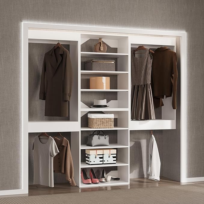 Modular Closet System, 102" Wide Closet Organizer System with Hanging and Towers, Wood Tower Closet Storage for Walk In Closets, Wall Mounted Wardrobe Organizer Kit System, Bedroom,White
