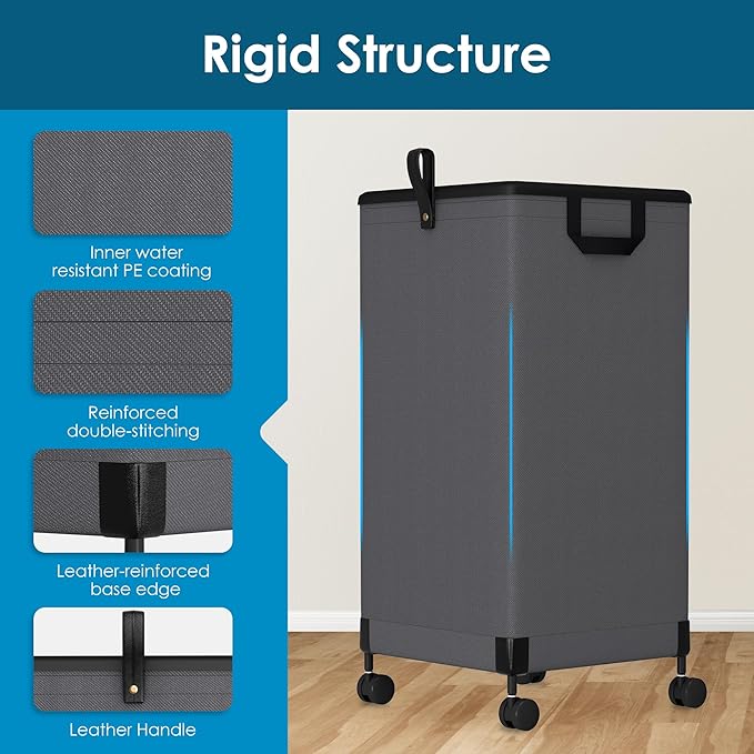 Laundry Basket with Wheels 105L, Large Rolling Laundry Hamper with Removable Bag, Metal Frame Collapsible Dirty Clothes Bin, Cloth Organizer Hampers Pull Handle for Bathroom, Dorm, Bedroom Dark Grey