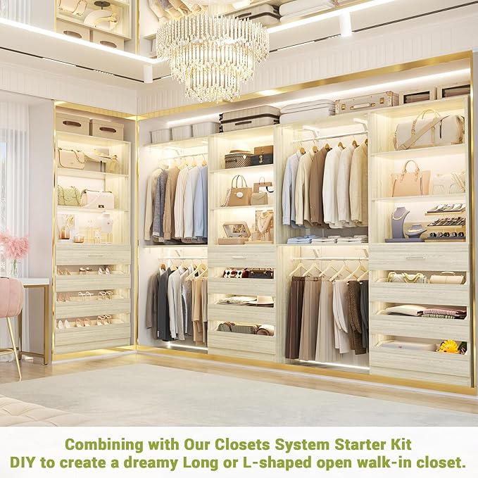 Aheaplus 21.3" Closet System with 4 Drawers, Wood Closet Organizer with Open Shelves, Modular Drawers System Tower, Walk-in Closets Small Wardrobe Rack, Tall Storage Cabinet Unit, White Oak