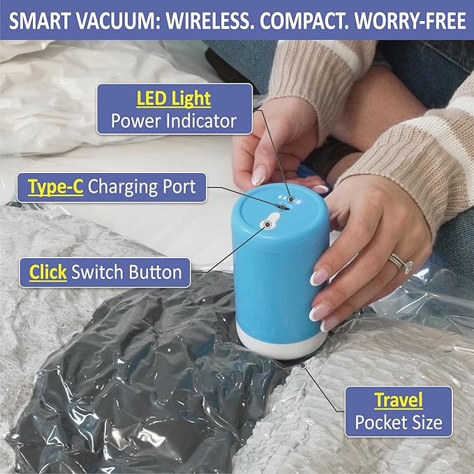 Cozy Essential 15 Pack Travel Vacuum Storage Bags with Rechargeable Wireless Electric Pump for Luggage, Suitcase, Carry-on Size Vacuum Seal Compression Space Saver Bags for Clothes and Clothing Travel