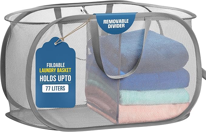 Foldable Laundry Basket - Popup and Collapsible, Durable Mesh Material, Folds for Storage, Easy Carry Handles - Great Hamper for College Dorm, Laundry Room or Travel (Grey, 2-Compartments)