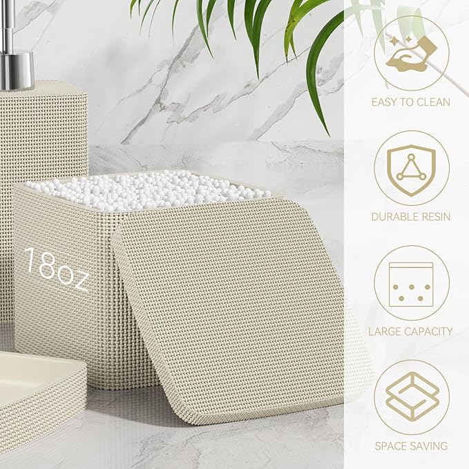 Beige Bathroom Accessories Set 5 Pieces, Resin Toothbrush Holders Set Complete with Soap Dispenser, Toothbrush Holder, Vanity Tray, Bathroom Tumbler and Qtip Holder for Small Spaces