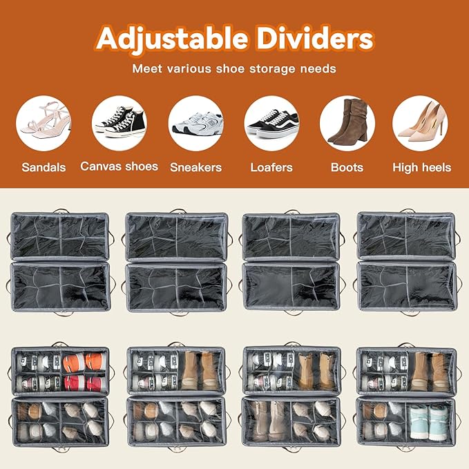 2 Pack Shoe Organizer for Closet, Foldable Shoe Storage Organizer with Adjustable Dividers and Clear Cover, Stackable Fabric Closet Shoe Organizer Storage Box Fits 16 Pairs, Gray