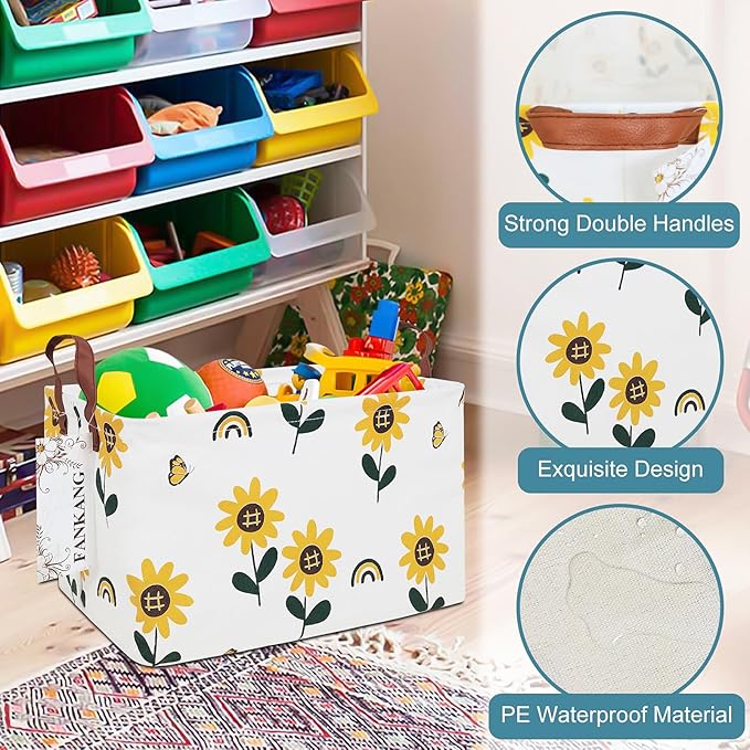 FANKANG Storage Bins, Nursery Hamper Canvas Laundry Basket Foldable with Waterproof PE Coating Large Storage Baskets for Kids Boys and Girls, Office, Bedroom, Clothes,Toys(Rec-Sunflower）