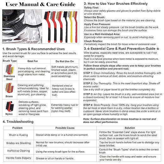 Small Wire Brush Set 6Pcs, Stainless Steel/Brass/Nylon/Bristle Mini Wire Brushes for Cleaning Rust, Scrub Removal Paint and Grout - 7 Inches