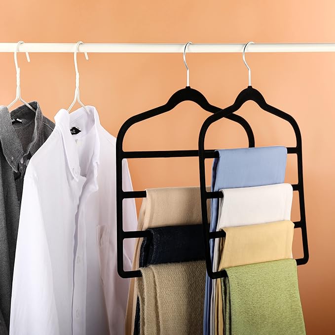 Velvet Pant Clothes Hanger Space Saving Non Slip Shorts Hanger, Myfolrena Jeans Slack Trousers Hangers Multiple Velvet Hanger Closet Organizer Storage and Organization for Jeans,Scarf,Tie(Black,3)