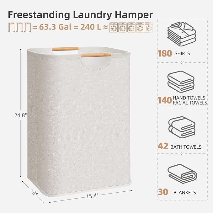 STORAGE MANIAC 3-Pack Large Laundry Hamper, 80L (21.1 Gal) Collapsible Laundry Basket with Bamboo Handles, Freestanding Waterproof Clothes Hamper for Laundry Room, Bedroom, Dorm, Towels, Toys, Beige