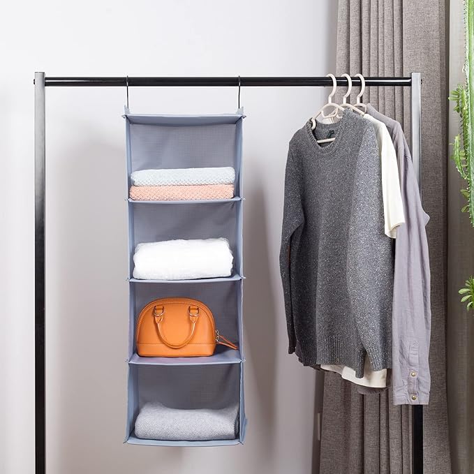Hanging Closet Organizer, Easy Mount Foldable 4-Shelf Hanging Closet Wardrobe Storage Shelves, Clothes Handbag Shoes Accessories Storage, Washable Oxford Cloth Fabric, Gray