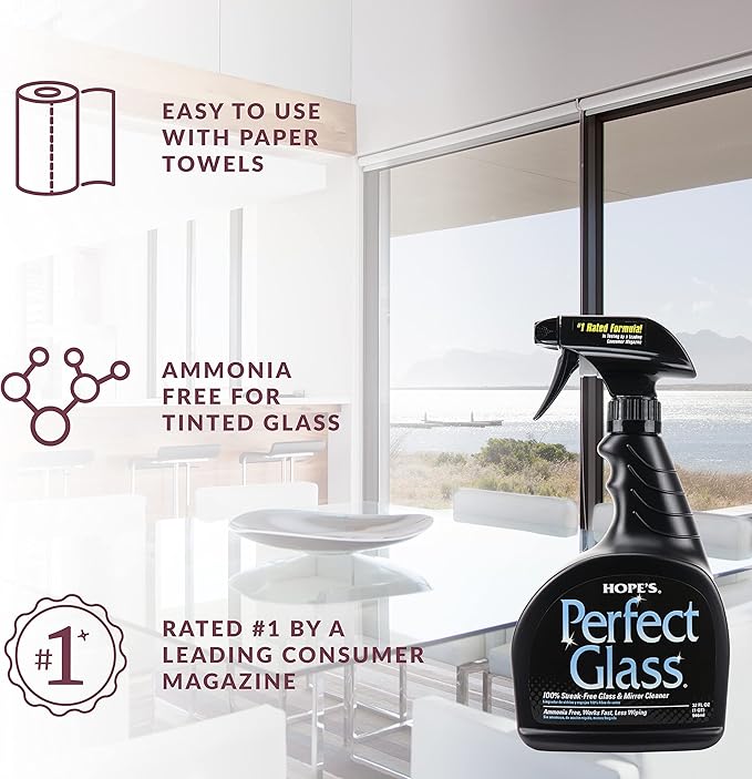 HOPE'S Perfect Glass Cleaner Spray, Streak-Free, Ammonia-Free Window, Mirror, Screen, Tinted Glass, and Shower Door Cleaner, Indoor and Outdoor Glass Surfaces, 32 Fl Oz, Pack of 2