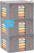 SWEERI Extra Large Clothes Storage Bins with Metal Frame, Foldable Organizer for Home Organization, 2-Way Zipper, Clear Window Storage Bags for Clothes, Bedding, Seasonal Storage, 100L x 3Pack