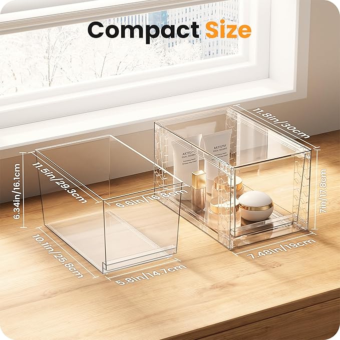 A-LuGei 【𝟰𝗣𝗖𝗦】 Acrylic Stackable Drawers, 11.8" L Makeup Organizer, Bathroom Organizer and Storage, Under Sink Organizer, Plastic Storage Bins