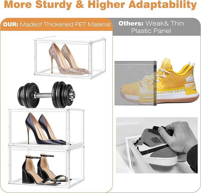 6 Pack Clear Shoe Boxes Sneaker Storage Organizer Box for Closet Stackable Handbag Organizer Acrylic Display Shoes Case with Lid Storage Box for Boots,Book,Collectibles,Figures,Shoes,Cosmetic,Size 14