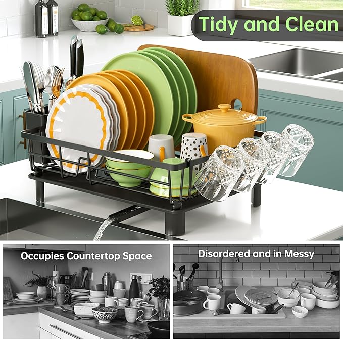 Dish Drying Rack, Dish Racks for Kitchen Counter, Detachable Dish Drainer with Drainboard, Utensil Holder, Cup Holder, Space Saving Kitchen Drying Rack for Small Home and Appartment, Black