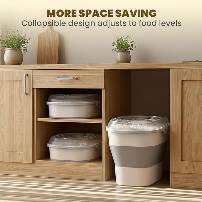 20-50Lbs Rice Container,Collapsible Food Storage Containers with Clear Airtight Lid,Wheels,Date Track,Rice Storage Container with 2PCS Containers and Scoop,Rice Dispenser for Flour Sugar Grain Dog Cat