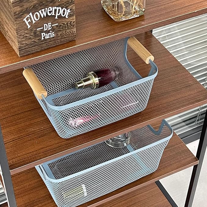 Metal Mesh Steel Basket, Small Wire Storage Organizer Baskets Multi-function Hanging Kitchen Basket with Wood Handle for Kitchen Bathroom Picnic Home, Rectangle-Blue