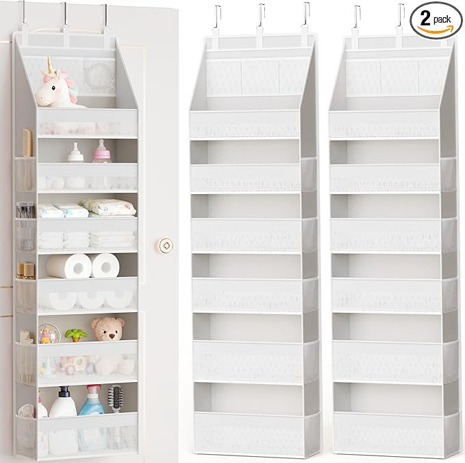 Criusia 2 Pack Over the Door Organizer, Heavy-Duty 6-Shelf Hanging Storage with 13 Mesh Pockets, 55lbs Capacity Behind the Door Storage for Nursery, Bathroom, Bedroom, and Dorm, White