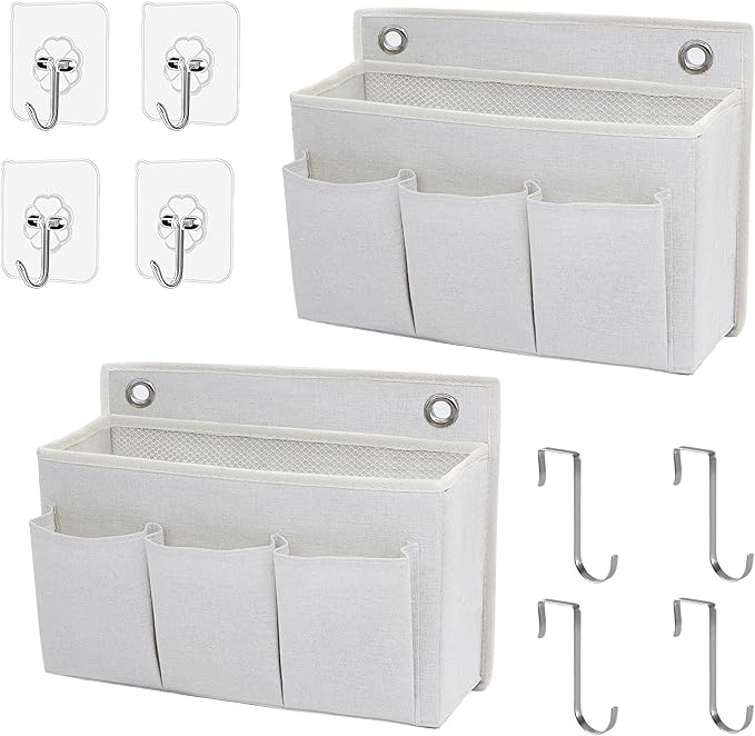 Someteth 2-Pack Wall Hanging Organizer Bag/Hanging Baskets with Large Mesh Compartment & 3 Pockets，Over the Door Organizer Space Saving Storage for Bedroom,RV Camper, Closet (White-2 Pack)