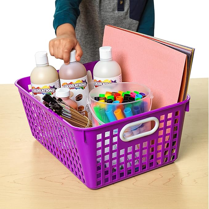 Really Good Stuff Plastic Storage Baskets with Handles, Bins for Books & Supplies, Organize Classroom & Home, 13” x 10”, Rainbow Colors 6 pk