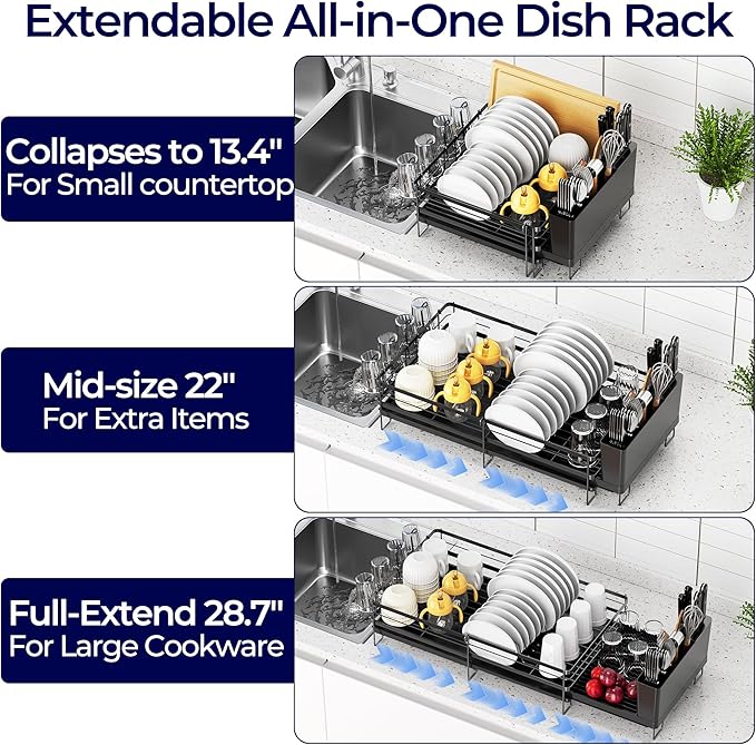 Large Dish Drying Rack, Expandable Dish Rack for Kitchen Counter, Dish Drainer with Drainboard Set, Multifunctional Dishrack with Utensil Holder & Cup Holder, 13.4"-28.7" L x 11.8" W, Black