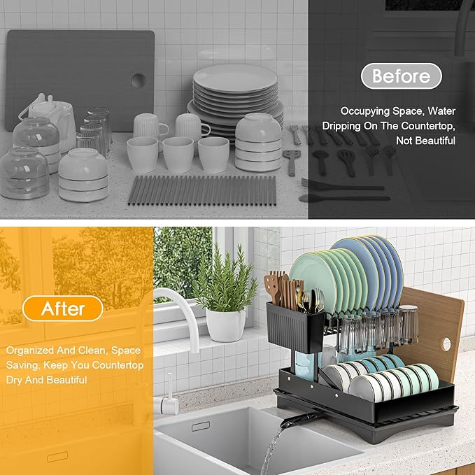 Large Dish Drying Rack,Dish Rack 2 Tier,Dish drainers for Kitchen Counter with Cup Chopping Board Cutlery Holder,Anti-Rust Collapsible 16.5" L x 11.8" W Black