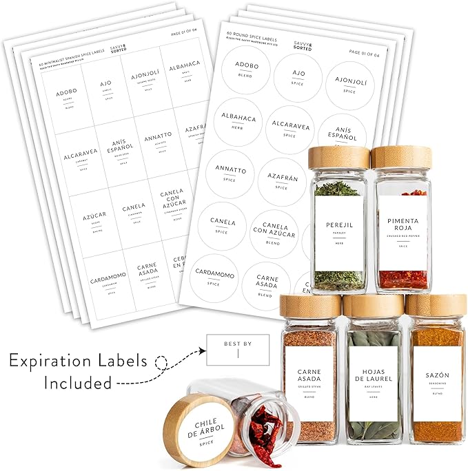 127 Spanish Spice Labels Stickers Preprinted Waterproof, Spice Jar Labels Written in Spanish, Round & Rectangle Seasoning Label for Jars, Pantry Organization, Etiquetas de Especias en Español