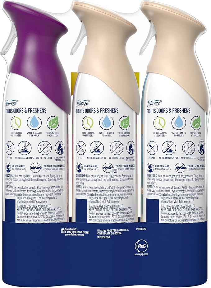 Febreze Air Mist, Air Freshener, Odor Fighting Room Spray, Deodorizer for Home Bathroom Kitchen Office Apartment, Lilac Sunrise, Warm Ocean Breeze, Summer Golden Hour Variety Pack, 8.1oz (Pack of 3)