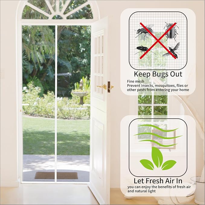 White Screen Door Mesh Magnetic Closure Heavy Duty 48 x 96 inch, Self Closing Fiberglass Mosquito Net with Magnet for Doors, Bug Fly Screens Curtain for Doorway, Keep Bugs Out, Pet Friendly