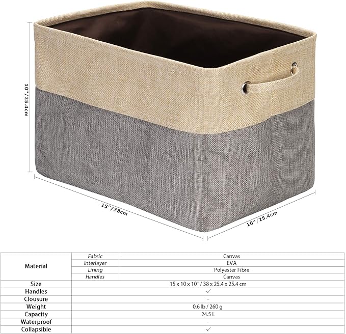 Sea Team 3-Pack Large Storage Basket Set, Trunk Organizer, Clothes Toys Bin, 15 x 10 x 10 Inches, Big Rectangular Canvas Fabric Collapsible Shelf Box with Handles for Kids Room (Grey/Beige)