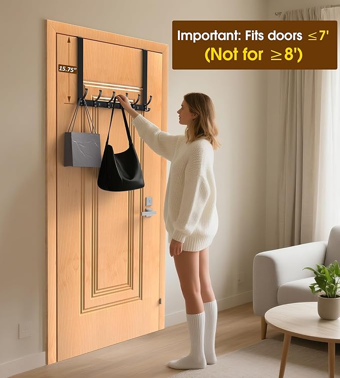 CHAUNCEY HOME Long Over The Door Hooks Hanger with 15.75" Arms for Easier Access by Shorter, Heavy Duty Door Hanger for Coat, F16U, Fits Standard 1 3/4'' Doors, Towel Racks for Bathroom, Black