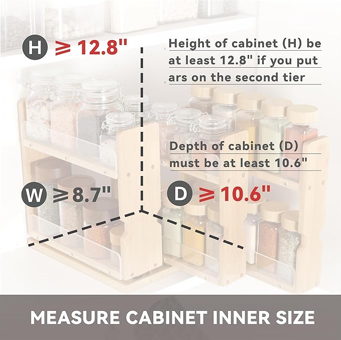 Bamboo Pull Out Spice Rack Organizer for Cabinet, 3 Slide-Out Drawers(2"&3") with Wide Drawer for Large Bottles, Kitchen Pantry Heavy-Duty Sliding Vertical Organization, 8.6"W,2-Tier,No Drill,Natural