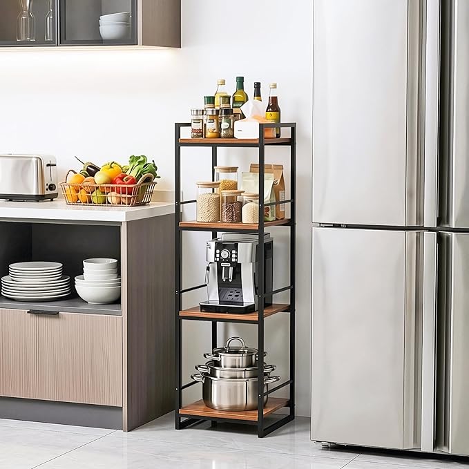 BYFU 4 Tier Bathroom Storage Open Shelf, Freestanding Metal Corner Storage Rack Shelving Unit for Bathroom Kitchen Living Room Hallway, Rustic Brown