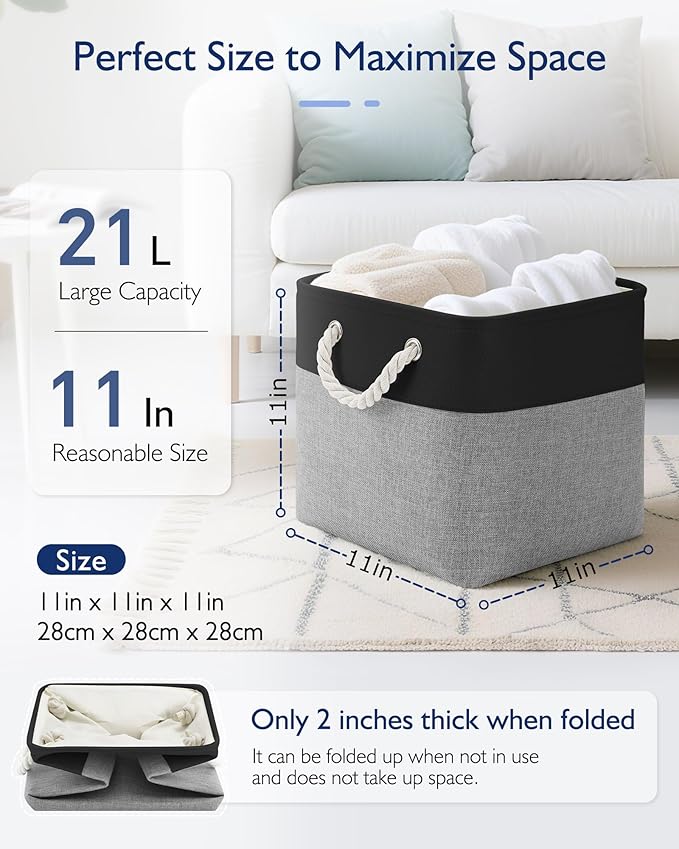 11 Inch Cube Storage Bins, 4 Pack Fabric Storage Cubes with Rope Handles, Organizer Baskets for Closet Shelves, Clothes and Home Organization(Dark/Gray)