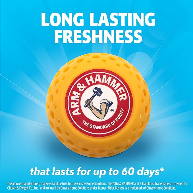 Arm and Hammer Odor Busterz Deodorizer Balls Mixed Pack: 4 odor eliminating balls, 2 with handy clips, 2 with hangers, 8 total for closets, bathrooms, work & sports gear, laundry hamper (8 Count)