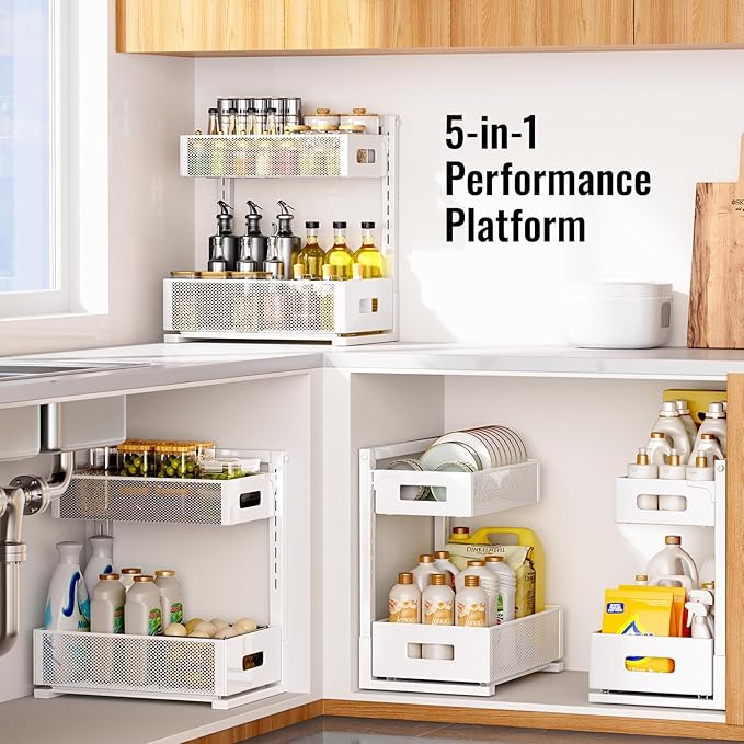 Under Sink Organizer, Bathroom Organizers and Storage, Cabinet Organizer Pottery Barn Furniture for Kitchen, Bathroom, Pantry, Laundry, Study, White，1XL, 2PCS