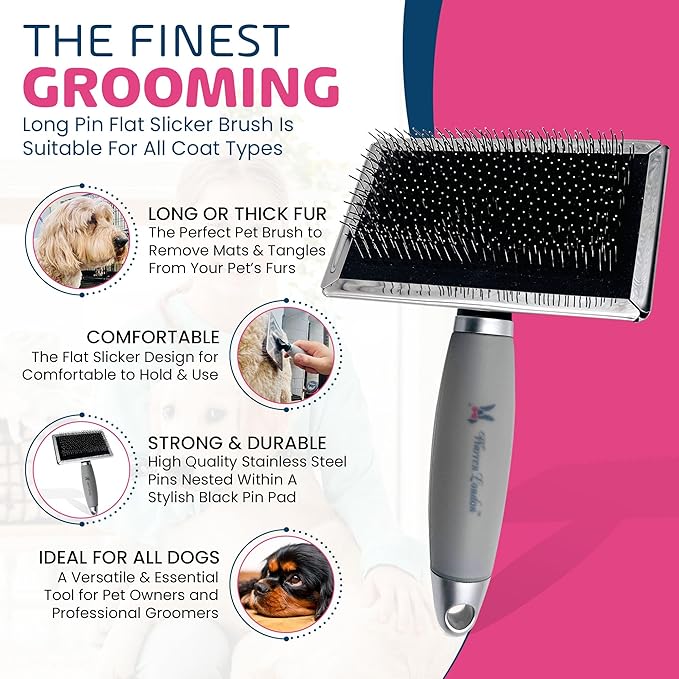 Warren London Slicker Brush for Dogs – Gentle Detangling & Shedding with Comfort Gel Handle – Removes Mats, Loose Fur & Undercoat – Groomer-Approved for Long Thick Doodle Coat Types