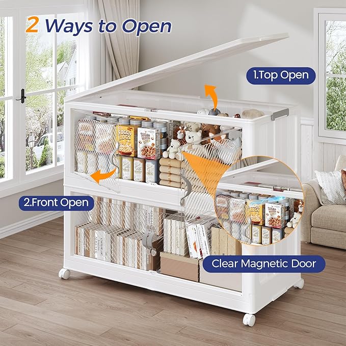 360QT Extra Large Stackable Storage Bins with Lid, 90Gal Plastic Closet Organizers and Storage Drawer, Collapsible Cabinet Box with Wheels Clear Doors for Home Kitchen Office, 3Pack White