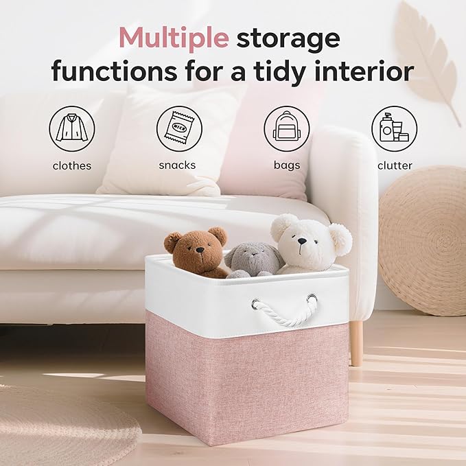 13x13 Inch Cube Storage Bins with Reinforced Bottom Cardboard, 6 Pack Large Foldable Fabric Storage Cubes with Handles for Shelf, Closet, Laundry Organization (White&Pink)