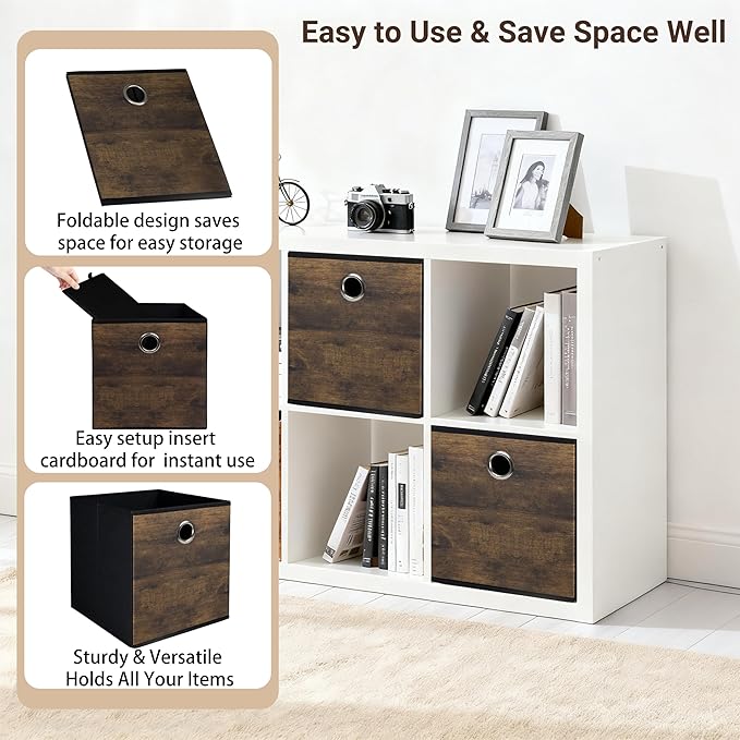 6-Pack Durable Cube Storage Bin with Decorative Wood Grain,Thickened Fabric Storage Basket Space-saving Cubby Boxes for Shelves,Closet,Bedroom,Office,Nursery,Dorm,RV, 12x12x12in (Medium