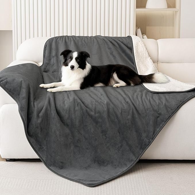 Smiry Waterproof Dog Bed Blanket, Leakproof Pet Throw Blanket for Bed Couch Sofa, Reversible Sherpa Fleece Furniture Protector Cover for Small Medium Large Dogs Cats (Dark Grey, 50x60 inches)