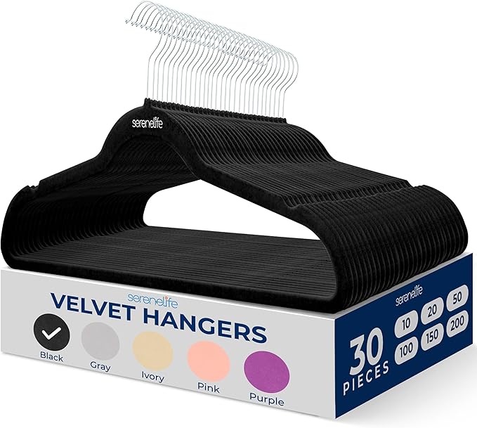 SereneLife 30 Pack Velvet Hangers – Non-Slip Clothes Hangers with Heavy Duty Design, Slim Space-Saving Coat Hangers with 360° Swivel Hook, Strong Lightweight Closet Organizer Set for Clothes (Black)