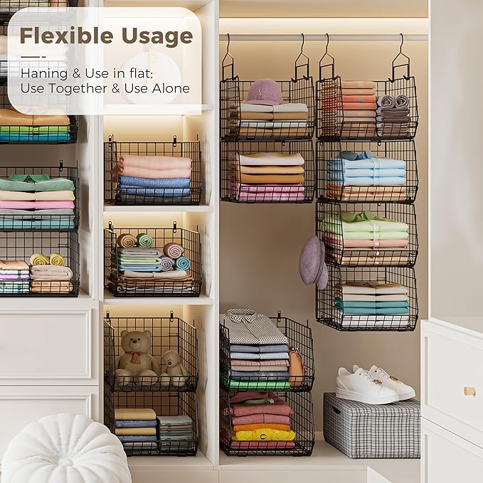 4" Extra Deeper Hanging Closet Organizers and Storage,4 Tier Foldable Wire Cabinet Shelves with 5 S Hooks,Small Metal Basket Bins for Clothes Sweaters Handbags, Wardrobe for Kitchen Laundry Room，Black