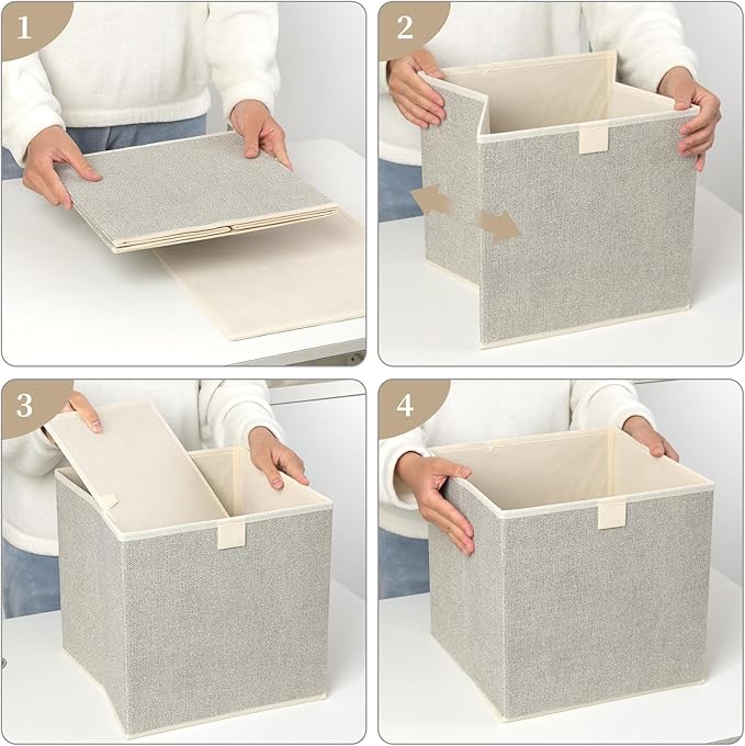 Storage Baskets, 11.8-Inch Woven Fabric Bins, Storage Cubes with Reinforced Handles, Organizer Bins for Closet Shelves, Foldable, for Toys, Clothes, Natural Beige (4PCS/Beige-11.8*11.8*11.8inch)